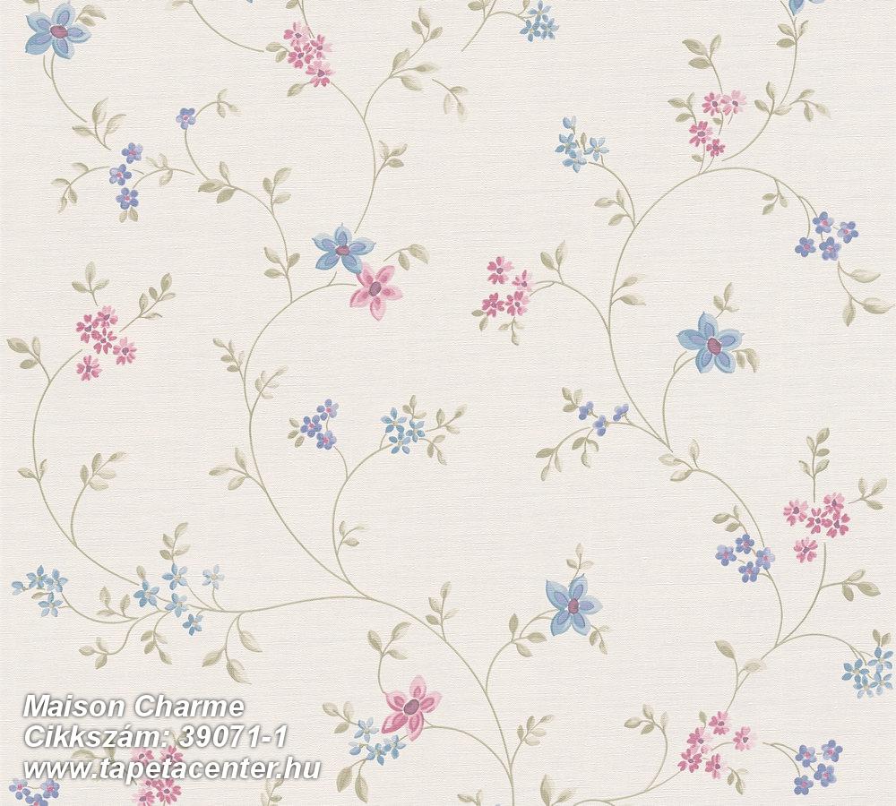 Textil hatású,virágmintás,fehér,kék,pink-rózsaszín,zöld,illesztés mentes,súrolható,vlies tapéta 